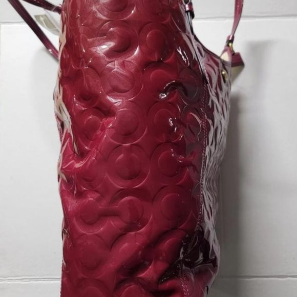 Coach Peyton Op Art Fusia Wine Red Large Embossed Leather Signature Tote - Picture 2 of 5